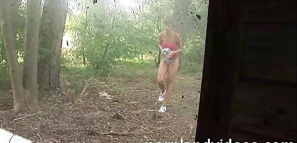  outdoor forest threesome with lost skinny teen Lara